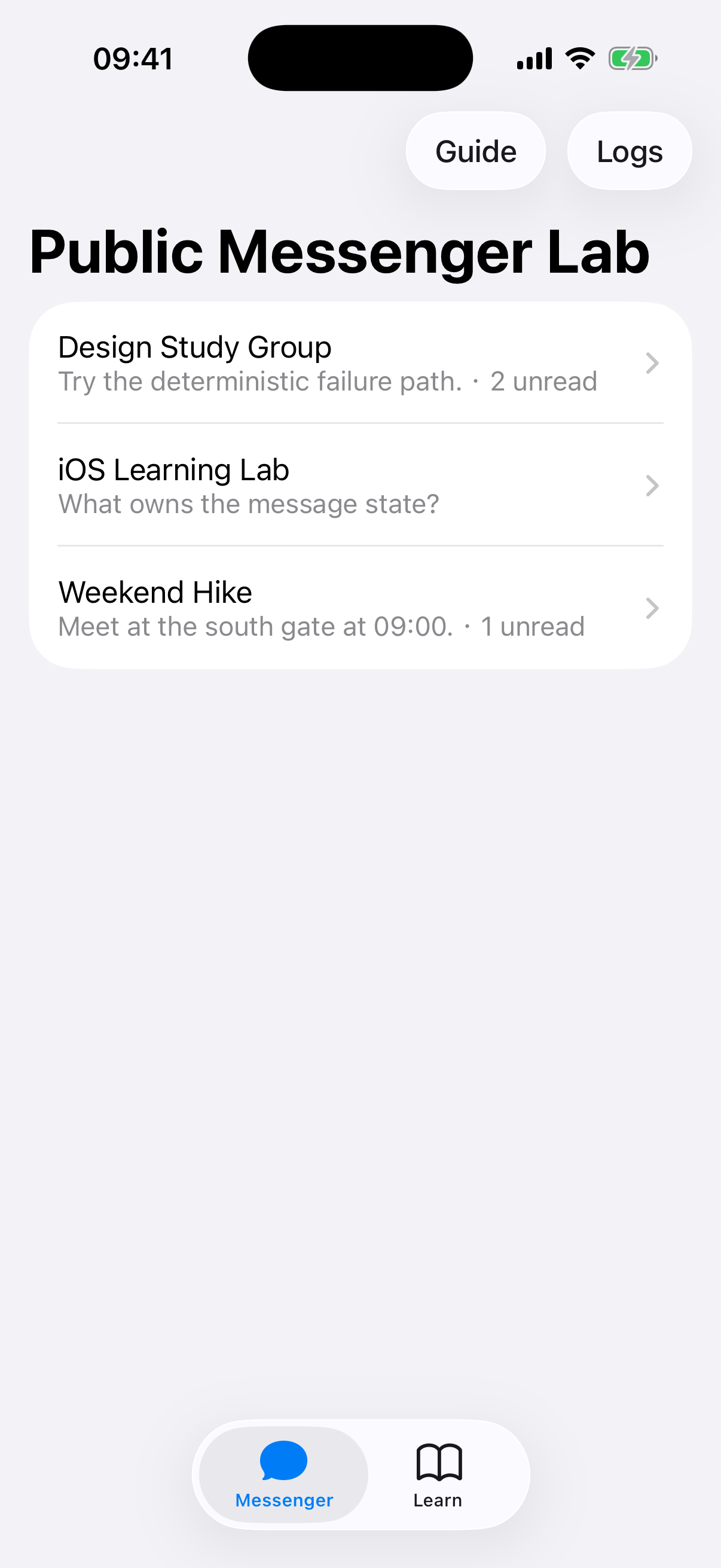 Messenger 会话列表真实模拟器截图
