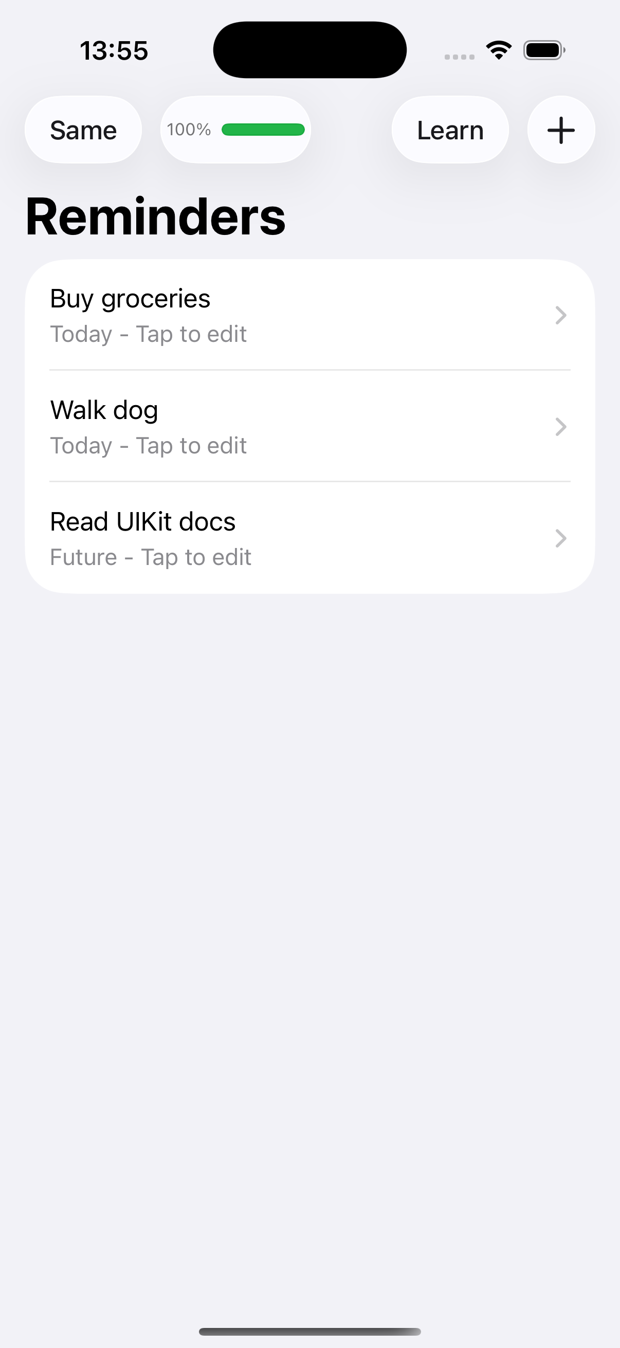 iPhone 17 Pro Simulator 中用于 Save 实验的提醒列表