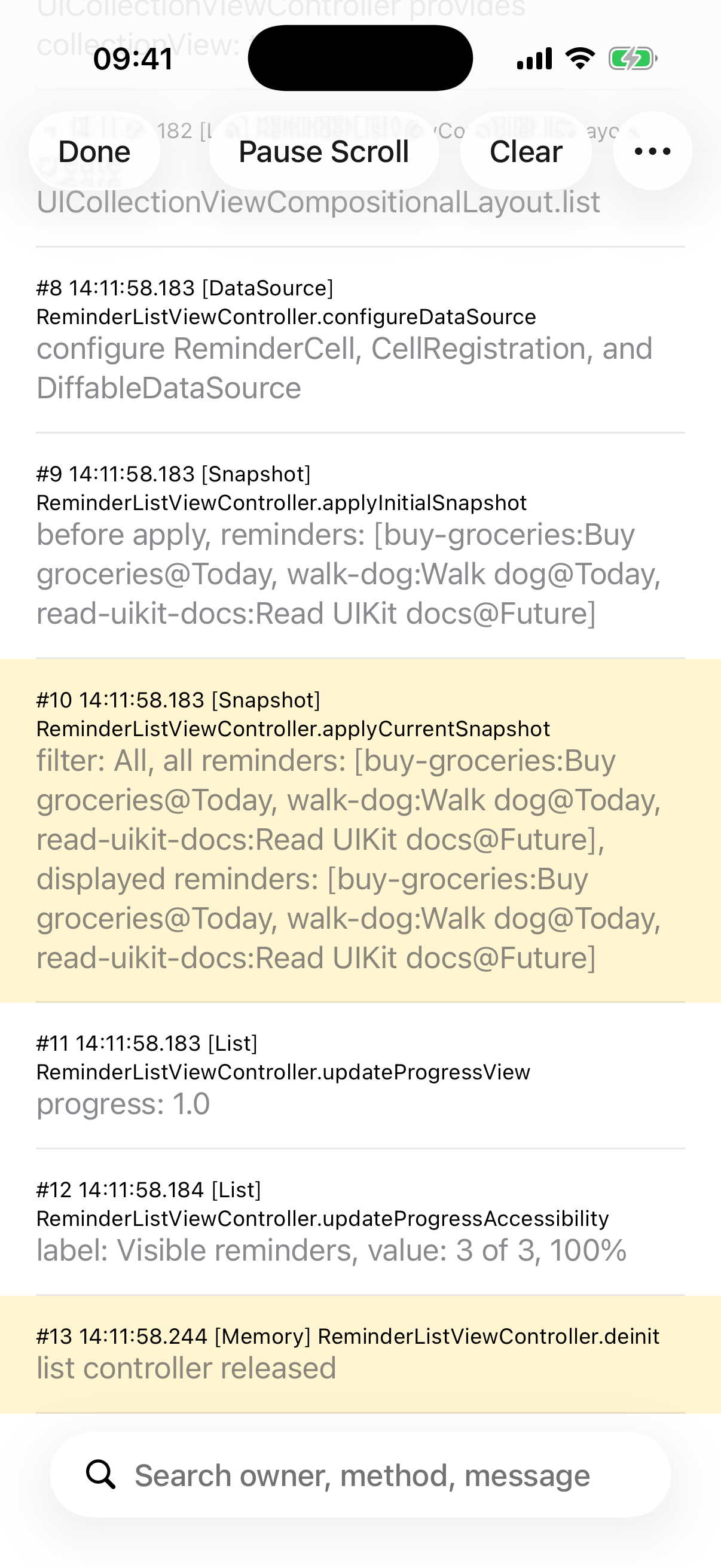 结构化 UIKit Logs 面板真实模拟器截图