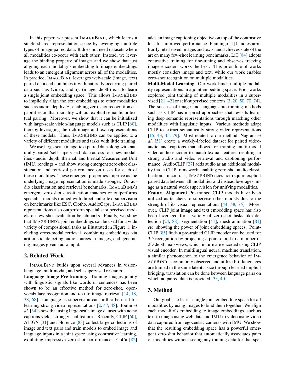 Figure 2：ImageBind 架构总览（六模态以图像为锚点对齐）