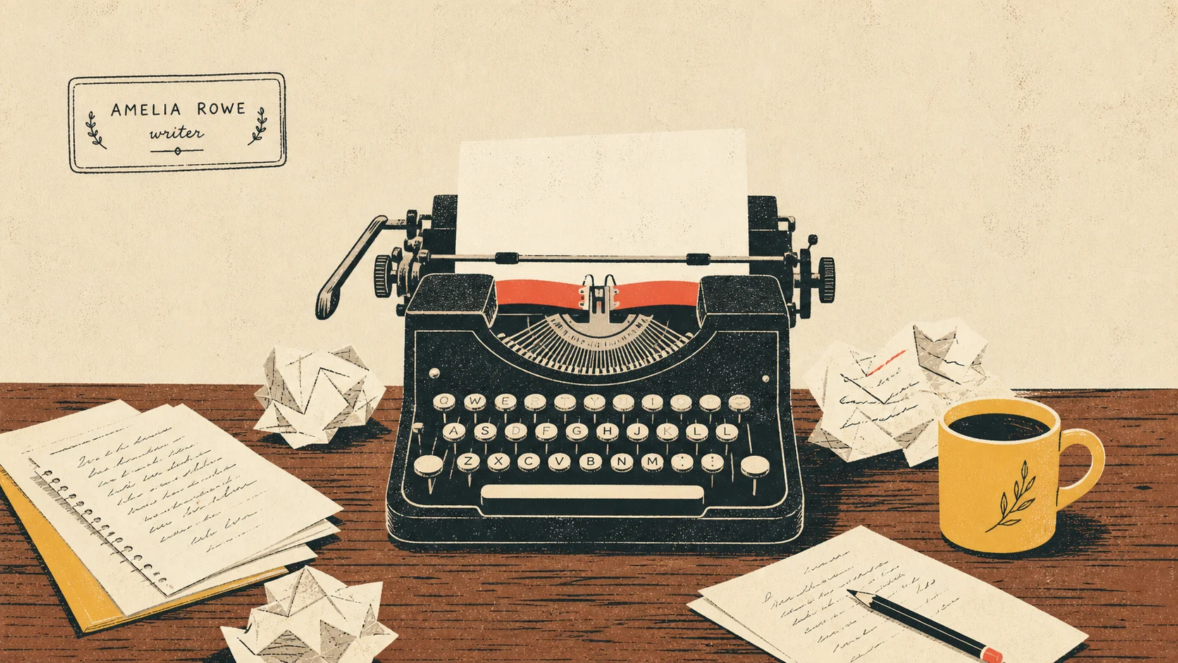 Typewriter at a wooden desk — colophon illustration
