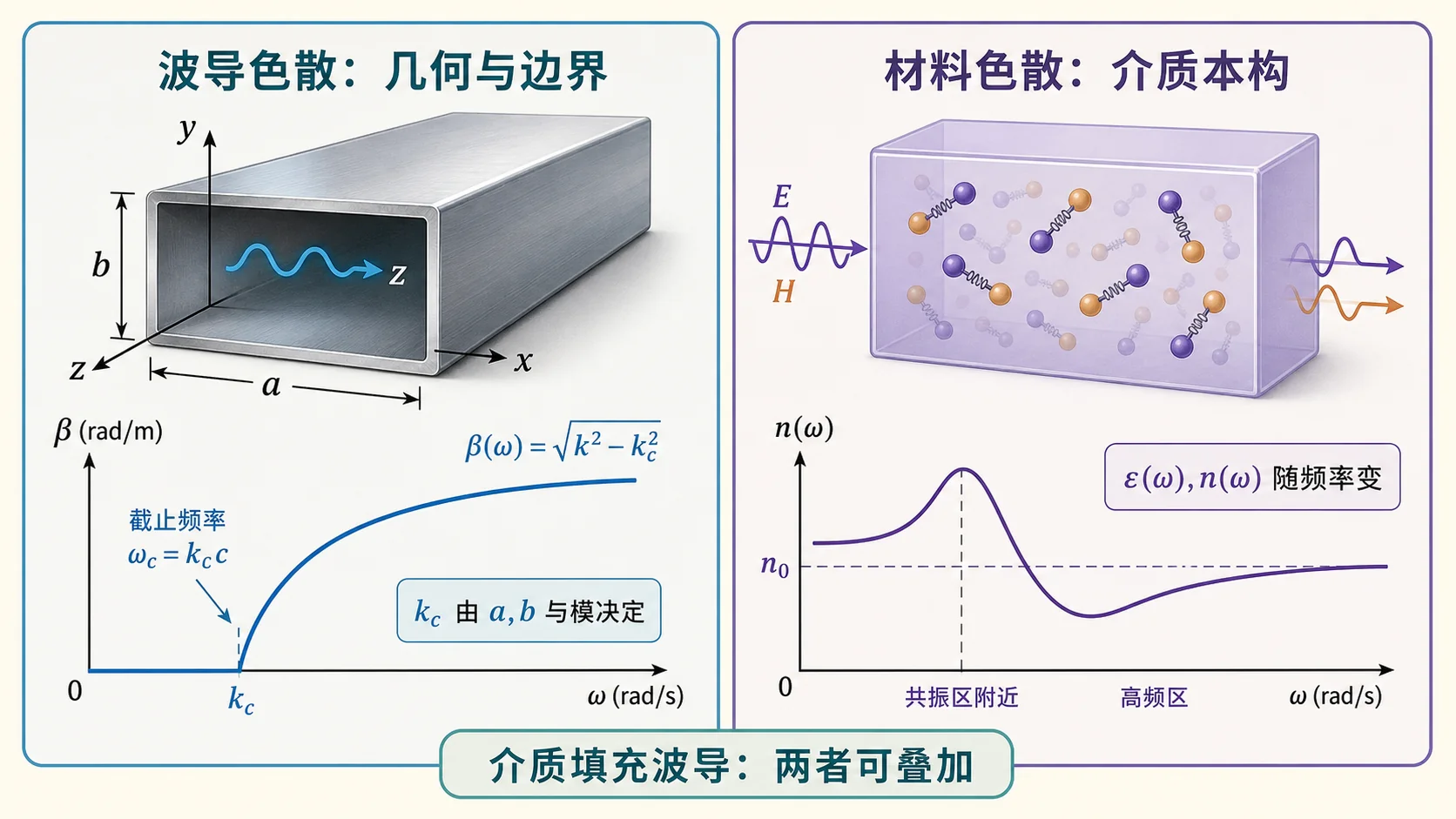 波导结构色散与材料色散的来源对比