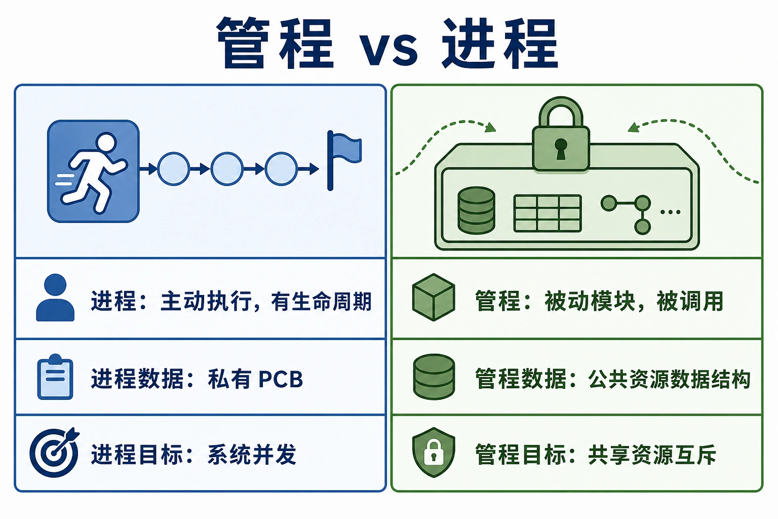 知识点插图：管程 vs 进程（p112，6 点对比）